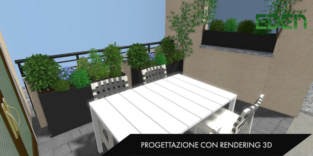 Rendering 3d Terrazzo con vasi fiori