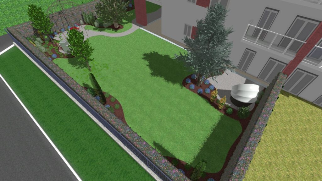 Progettazione 3D rendering delle aree verdi: giardino condominiale