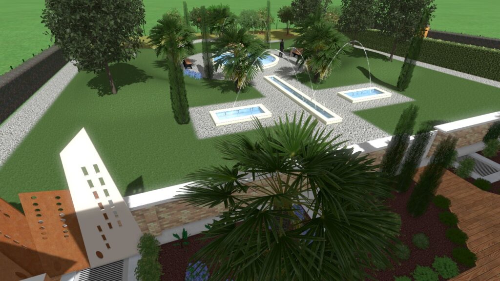 Progettazione 3D rendering delle aree verdi: giardino con fontane